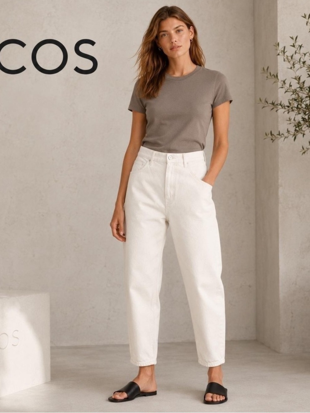 COS Tapered Leg High Rise Ankle Length White Jeans 27 100% Cotton